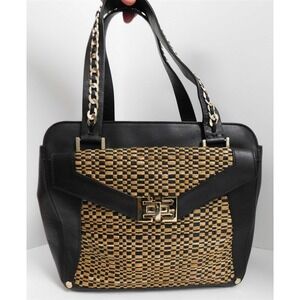 Elaine Turner Black Leather Woven Straw Satchel Bag‎